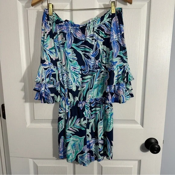 Lilly Pulitzer Calla off the shoulder romper, High Tide - Ready Set Gecko XXS - Picture 10 of 10